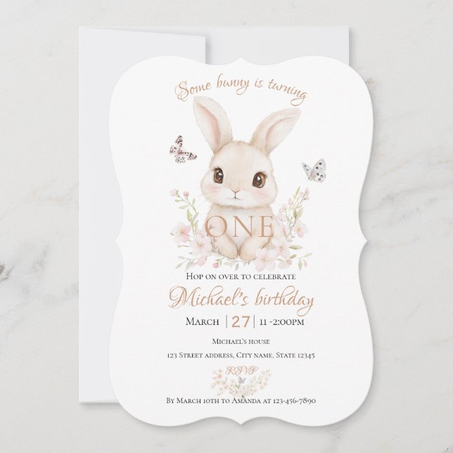 Watercolor Floral Bunny Girl First Birthday Invite Einladung (Vorderseite)