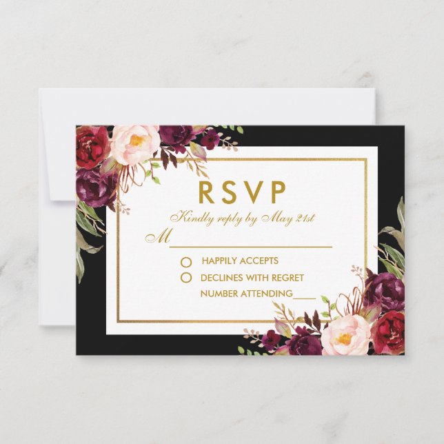 Watercolor Floral Burgundy Black Gold Wedding RSVP Karte (Vorderseite)