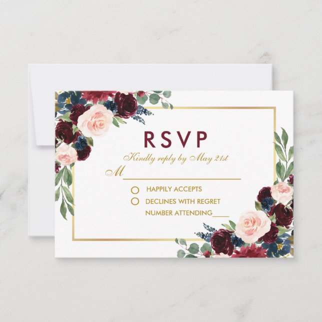 Watercolor Floral Burgundy Blue Gold Wedding RSVP (Vorderseite)