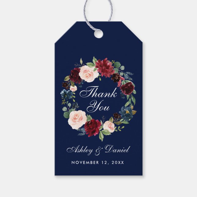 Watercolor Floral Burgundy Blue Wedding Danke Geschenkanhänger (Vorderseite)