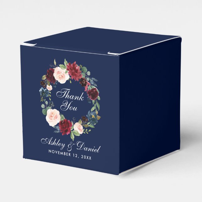 Watercolor Floral Burgundy Blue Wedding Danke Geschenkschachtel (Vorderseite)
