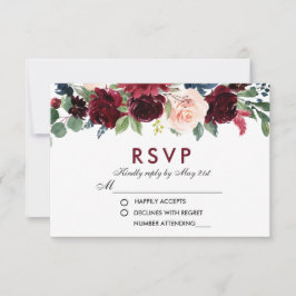 Watercolor Floral Burgundy Blue Wedding RSVP B
