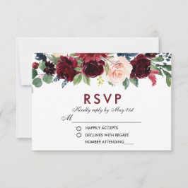 Watercolor Floral Burgundy Blue Wedding RSVP B Karte