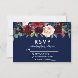 Watercolor Floral Burgundy Blue Wedding RSVP Karte