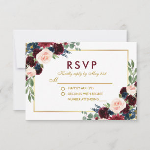 Watercolor Floral Burgundy Gold Blue Wedding RSVP Karte