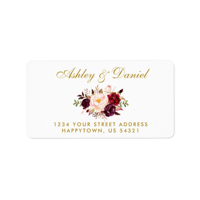Watercolor Floral Burgundy Gold Wedding Address Adressaufkleber (Vorne)