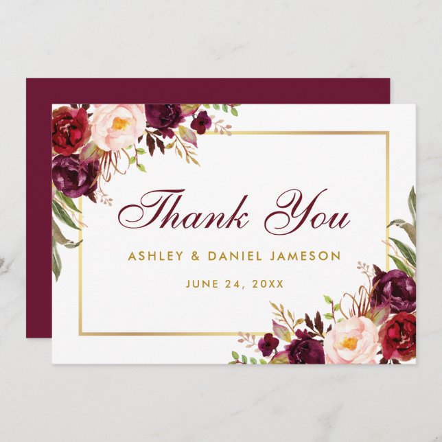 Watercolor Floral Burgundy Gold Wedding Danke SB (Vorne/Hinten)