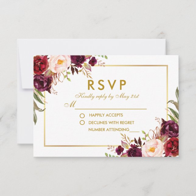Watercolor Floral Burgundy Gold Wedding RSVP (Vorderseite)