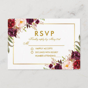 Watercolor Floral Burgundy Gold Wedding RSVP Karte