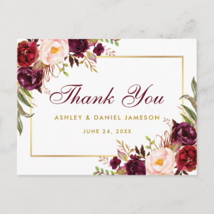 Watercolor Floral Burgundy Gold Wedding Vielen Dan Postkarte