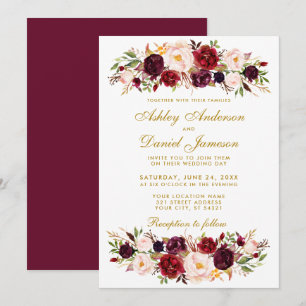 Watercolor Floral Burgundy Gold Wedite BG Einladung