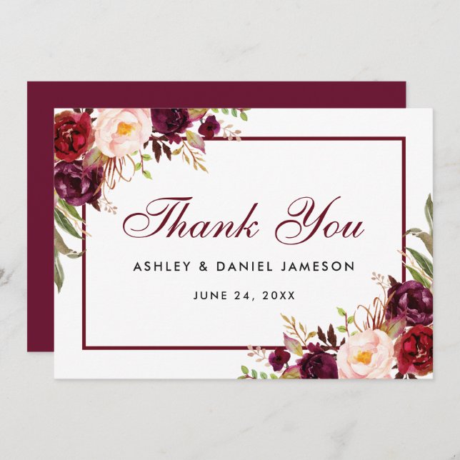 Watercolor Floral Burgundy Wedding Danke SB (Vorne/Hinten)