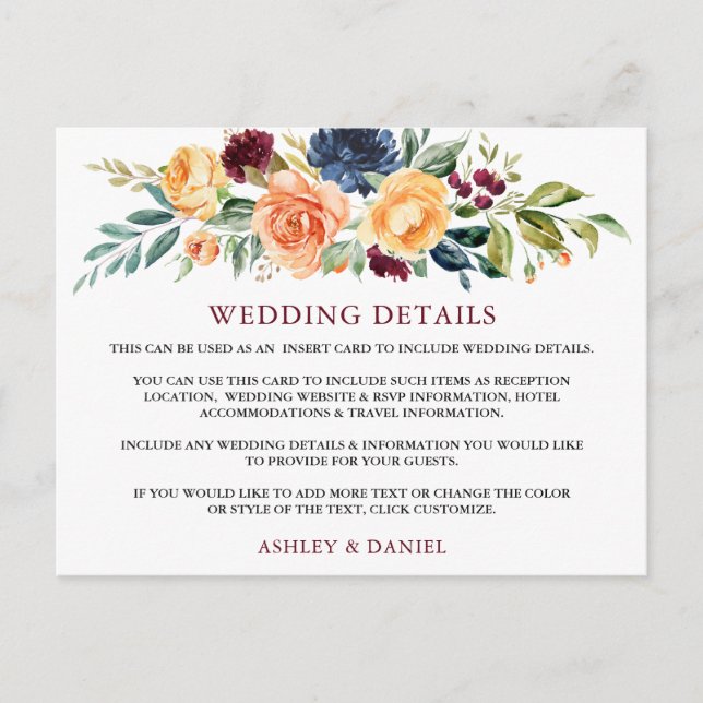 Watercolor Floral Burgundy Wedding Details Card Postkarte (Vorderseite)
