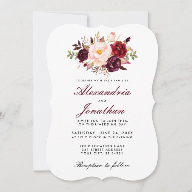 Watercolor Floral Burgundy Wedding Einladung BR (Vorderseite)