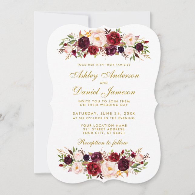 Watercolor Floral Burgundy Wedding Einladung BWG (Vorderseite)