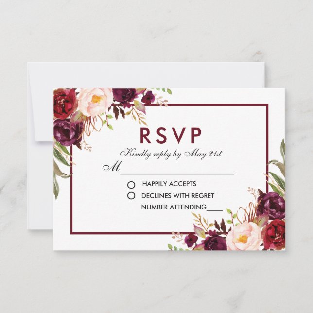Watercolor Floral Burgundy Wedding RSVP (Vorderseite)
