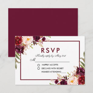 Watercolor Floral Burgundy Wedding RSVP B Karte