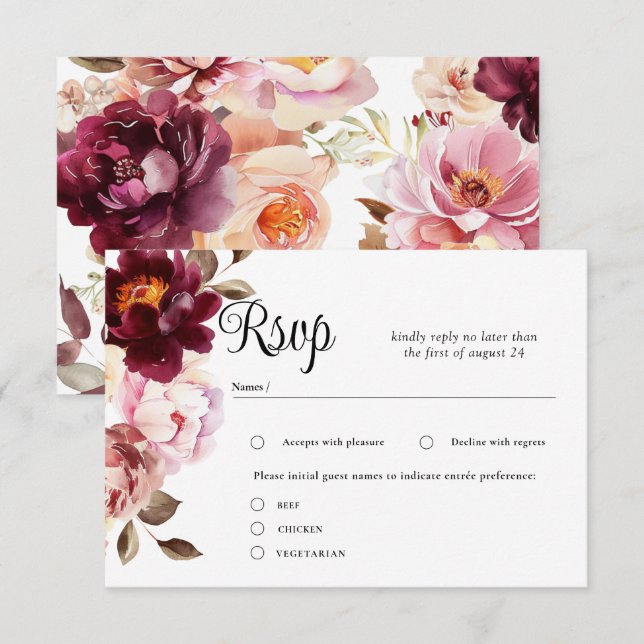 Watercolor Floral Burgundy Wedding RSVP Karten (Vorne/Hinten)