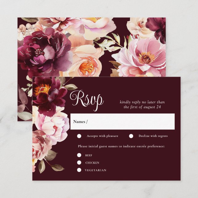Watercolor Floral Burgundy Wedding RSVP Karten (Vorne/Hinten)
