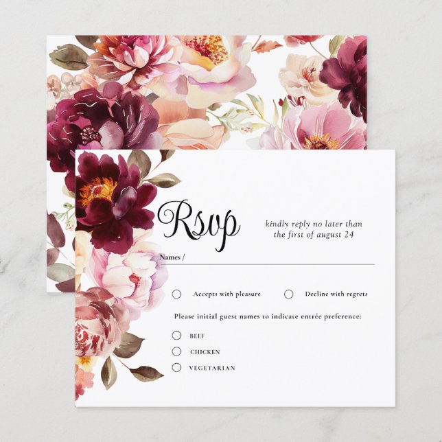 Watercolor Floral Burgundy Wedding RSVP Karten (Vorne/Hinten)