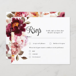 Watercolor Floral Burgundy Wedding RSVP Karten