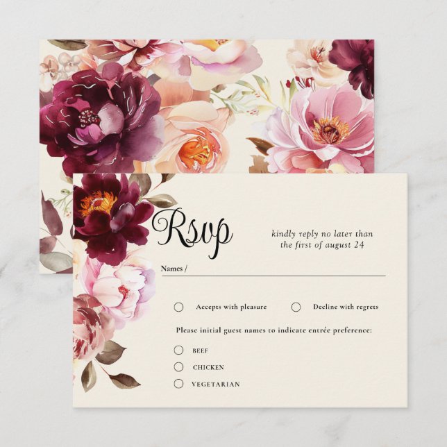 Watercolor Floral Burgundy Wedding RSVP Karten (Vorne/Hinten)