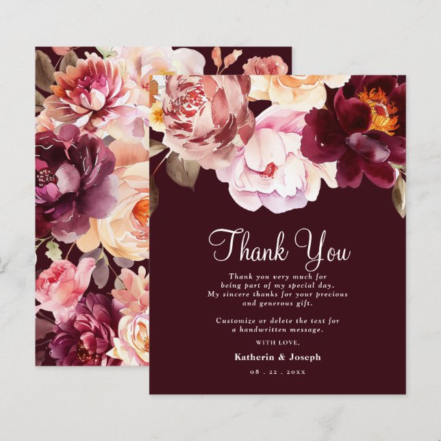 Watercolor Floral Burgundy Wedding Thank You Card (Vorne/Hinten)