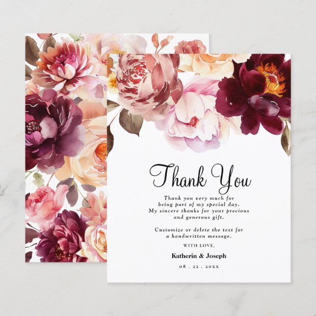 Watercolor Floral Burgundy Wedding Thank You Card (Vorne/Hinten)