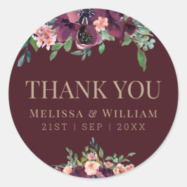 Watercolor Floral Burgundy Wedding Vielen Dank Runder Aufkleber