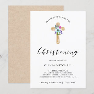 Watercolor Floral Cross Kraft Look   Feiern Einladung