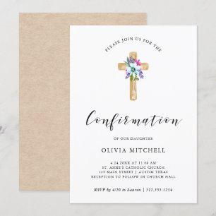 Watercolor Floral Cross Kraft Look   Konfirmation Einladung