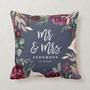 Watercolor floral + Drehbuch Hochzeit Mr & Mrs. Kissen
