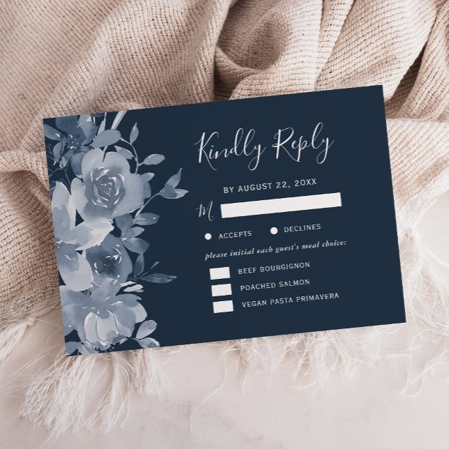 Watercolor Floral Dusty Blue Navy Wedding RSVP Karte (Von Creator hochgeladen)