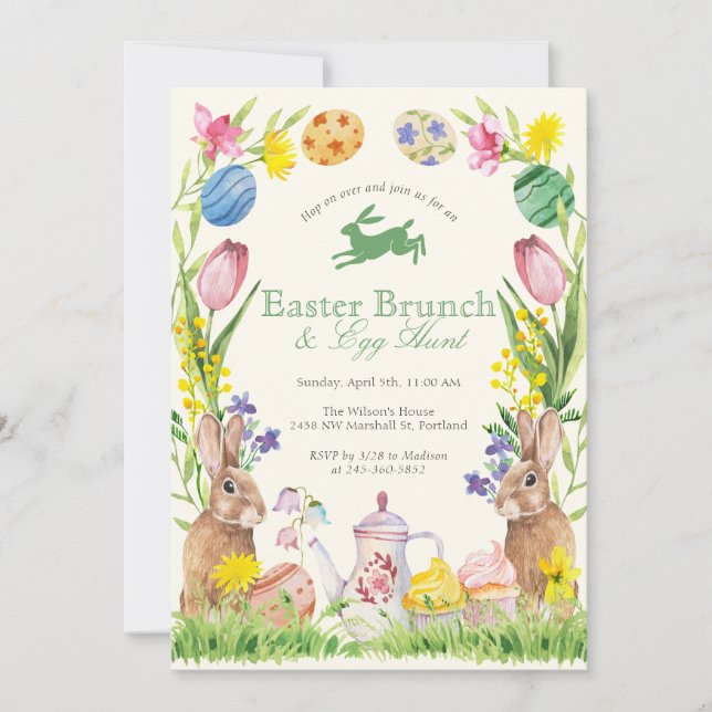 Watercolor Floral Easter Brunch Egg Bunny Teapot Einladung (Vorderseite)