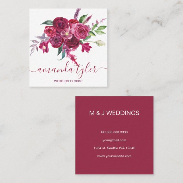 Watercolor Floral Elegant Wedding Florist Quadratische Visitenkarte (Vorne/Hinten)