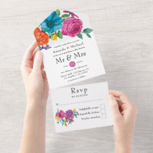 Watercolor Floral Fiesta Hochzeit Alles in Einem E All In One Einladung