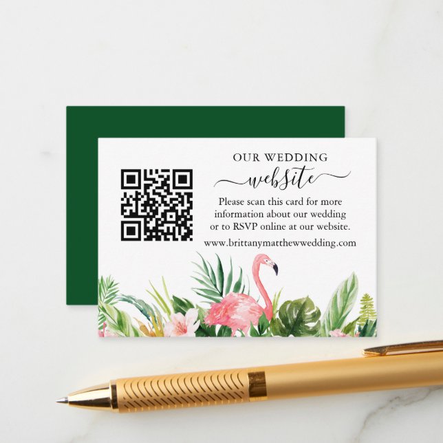 Watercolor Floral Flamingo Wedding Website QR Begleitkarte (Vorderseite/Rückseite Beispiel)