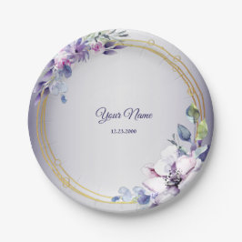 Watercolor Floral Geometric Golden Purple Wedding Pappteller