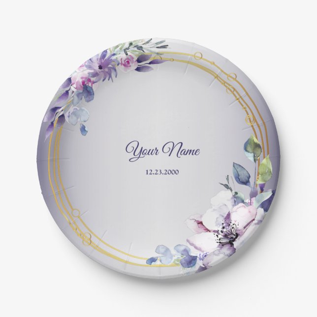 Watercolor Floral Geometric Golden Purple Wedding Pappteller (Vorderseite)