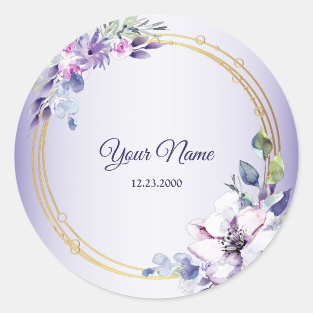 Watercolor Floral Geometric Golden Purple Wedding Runder Aufkleber (Vorderseite)