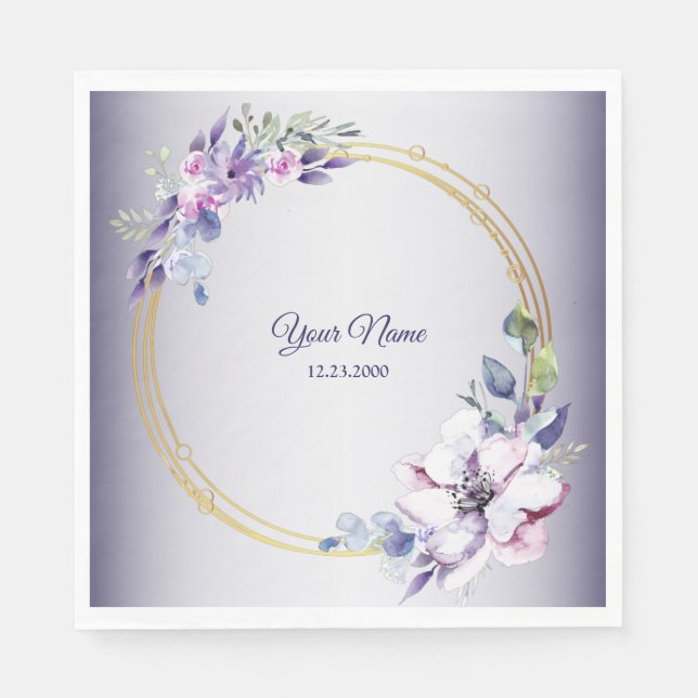 Watercolor Floral Geometric Golden Purple Wedding Serviette (Vorderseite)