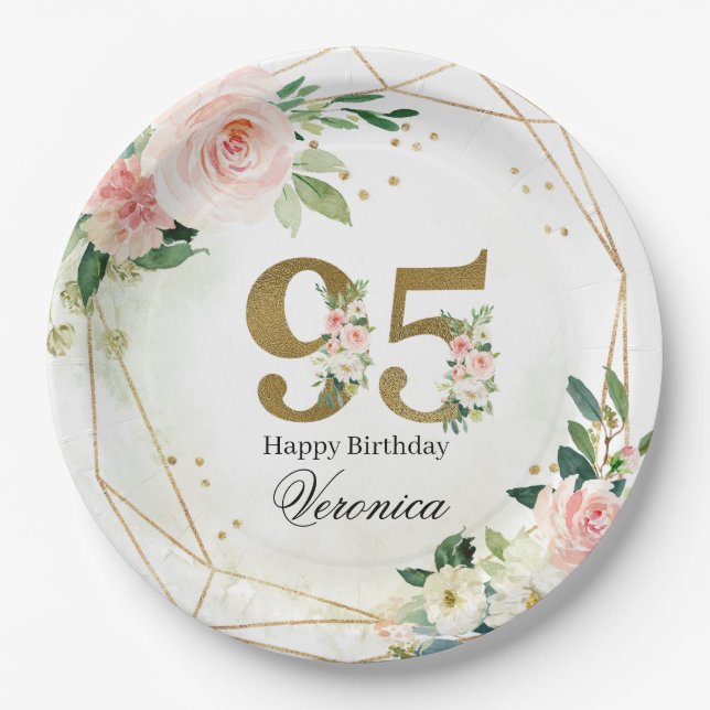 Watercolor Floral & Gold 95th Birthday Custom Pappteller (Vorderseite)