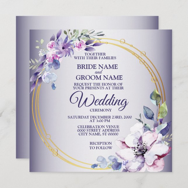 Watercolor Floral Golden Geometric Purple Wedding Einladung (Vorne/Hinten)