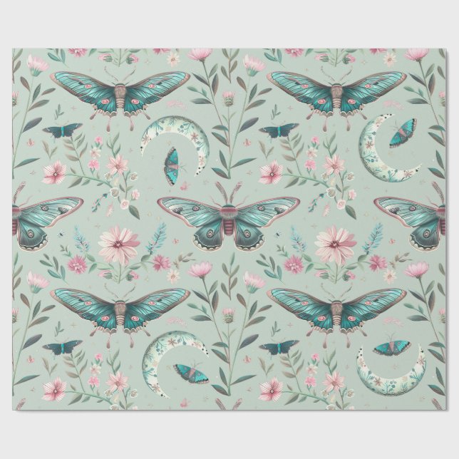 Watercolor Floral Green Moths Geschenkpapier (Flach)