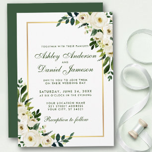 Watercolor Floral Green White Gold Wedding GSG Einladung