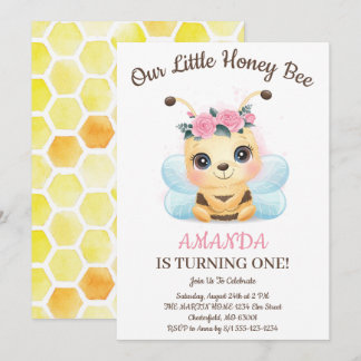 Watercolor Floral Honey Bee Birthday Party Einladung