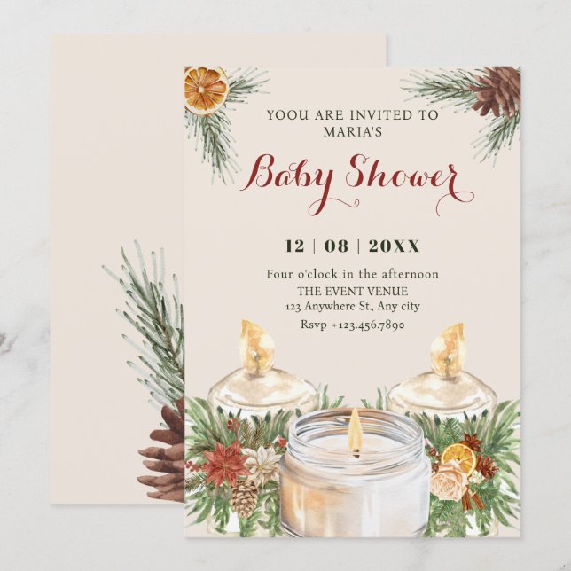 Watercolor floral leaves candles baby shower einladung (Vorne/Hinten)