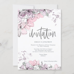 Watercolor Floral Lilac Pink Splash Skript Hochzei Einladung