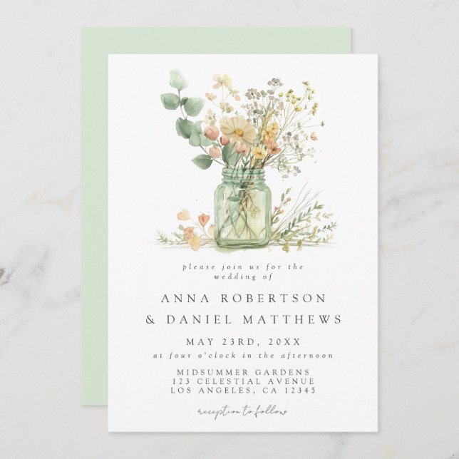 Watercolor Floral Mason Jar Wedding Einladung (Vorne/Hinten)