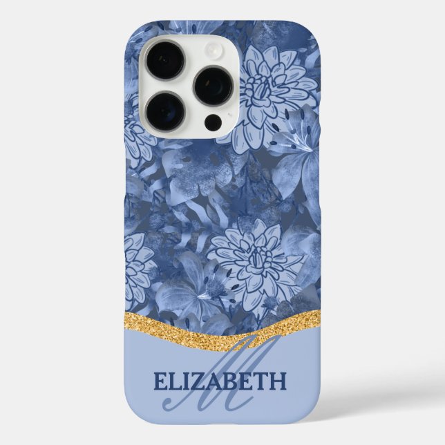 Watercolor Floral Monogram Pattern - Blue on Blue Case-Mate iPhone Hülle (Rückseite)